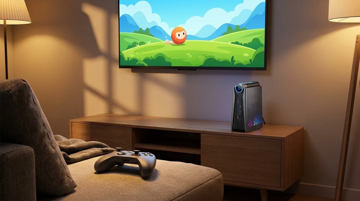 ACEMAGICIAN S3A mini PC on a wooden TV console under a wall-mounted TV with a game controller on the couch
