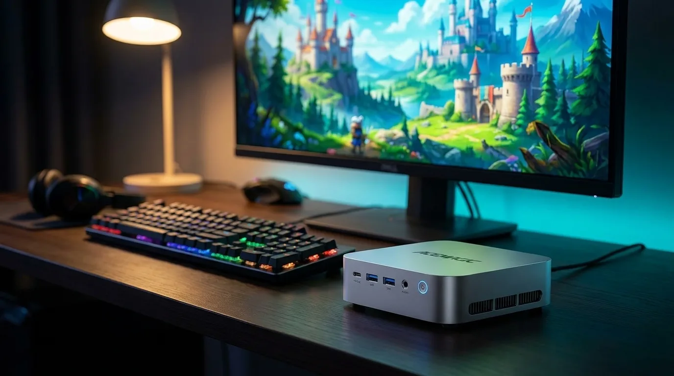 Silver ACEMAGIC M1 mini PC on a dark desk next to a monitor showing a colorful fantasy game at night