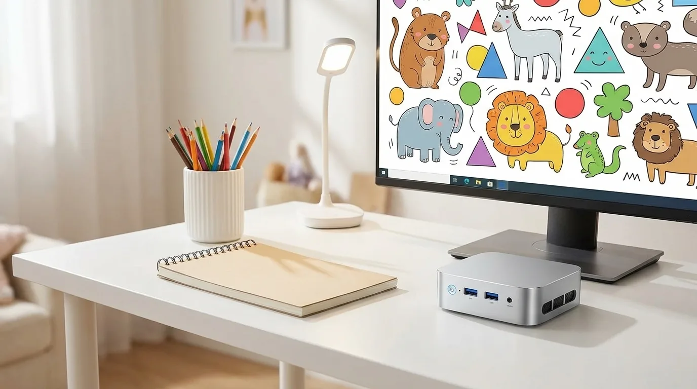 A compact silver mini PC on a white kids' homework desk beside a monitor and colored pencils