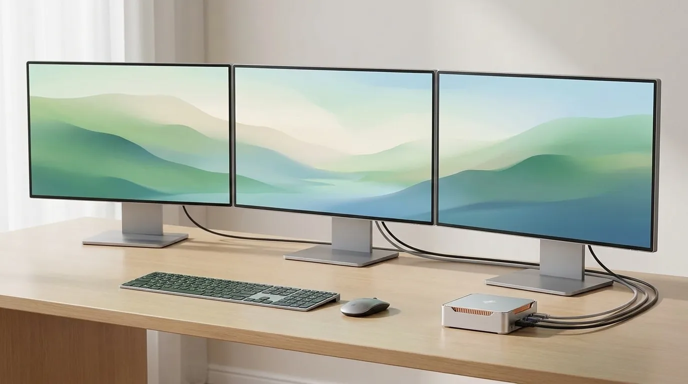 A silver mini PC driving three monitors on a clean office desk