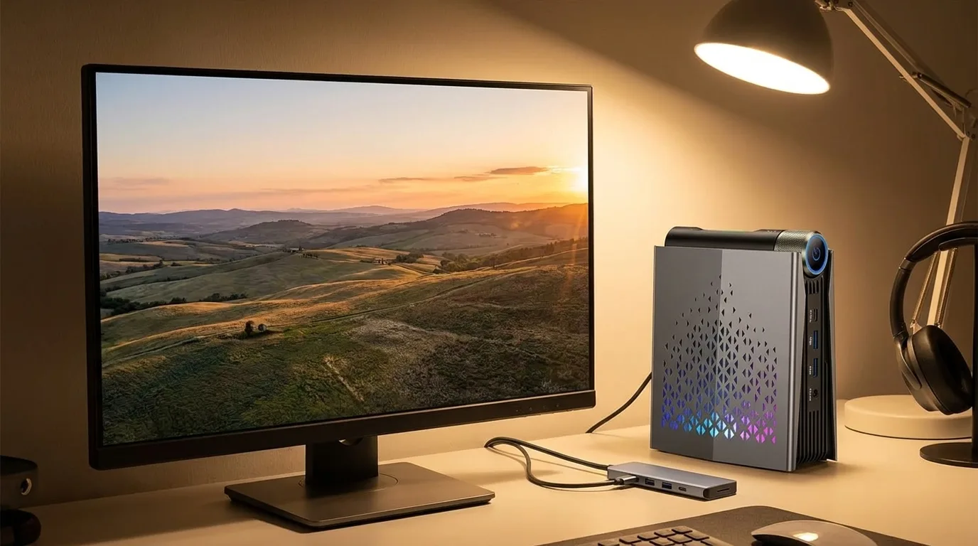 A vertical gray mini PC with RGB side panel beside a monitor and a USB-C dock on a compact desk