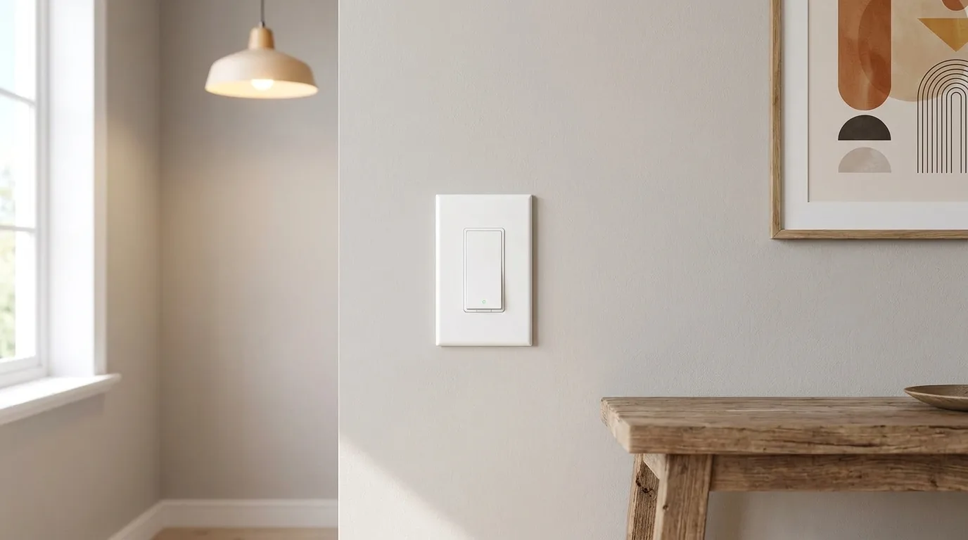 A white smart light switch with a small green status light on a gray hallway wall